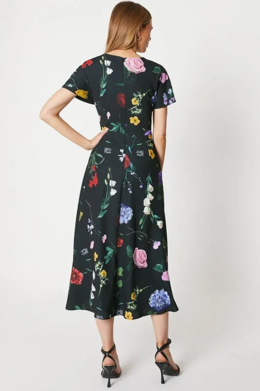 Printed Drape Bodice Midi Dress With Slit