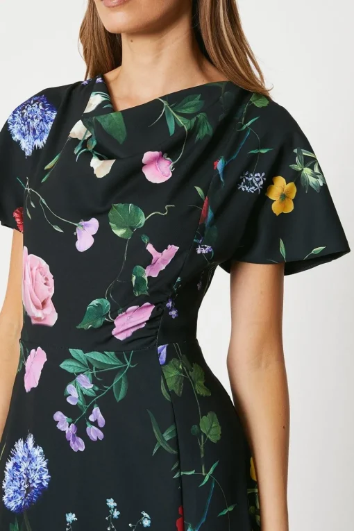 Printed Drape Bodice Midi Dress With Slit