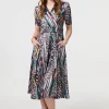 Printed Faux Wrap Front Jersey Midi Dress