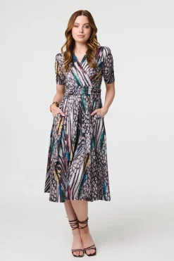 Printed Faux Wrap Front Jersey Midi Dress