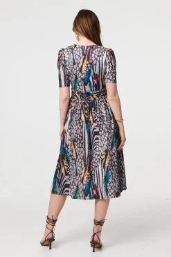 Printed Faux Wrap Front Jersey Midi Dress