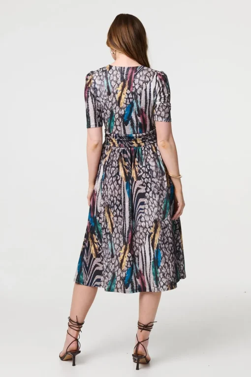 Printed Faux Wrap Front Jersey Midi Dress