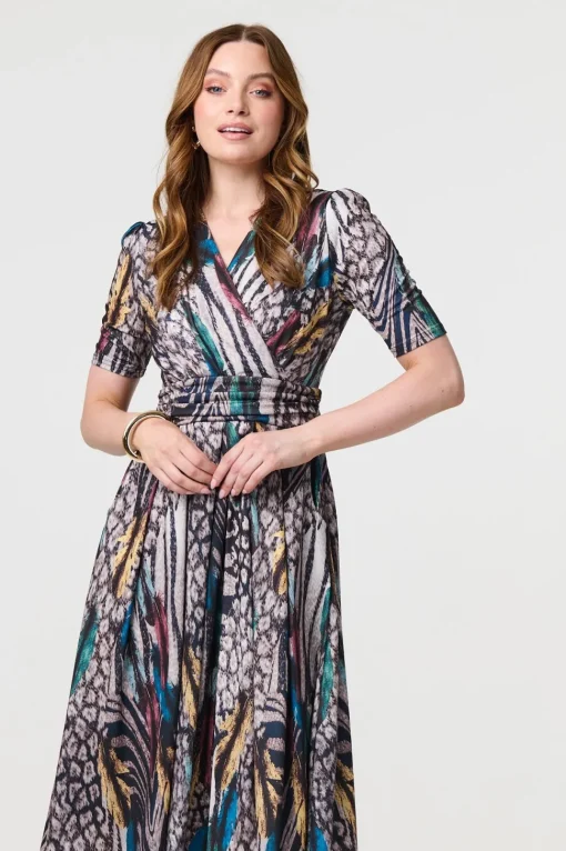 Printed Faux Wrap Front Jersey Midi Dress