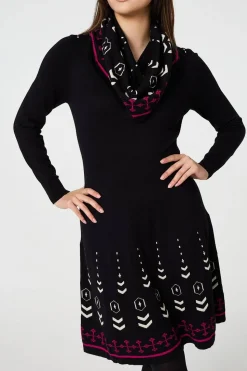 Printed Knit Dress With Removable Scarf