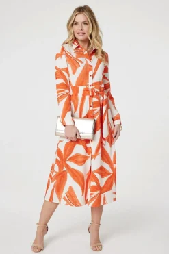 Printed Long Sleeve Midi Shirt Dress