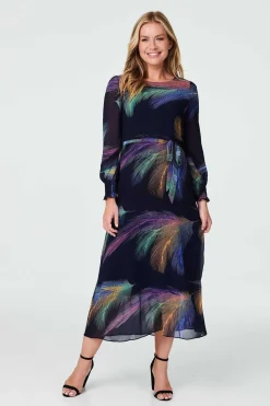 Printed Long Sleeve Midi Dress