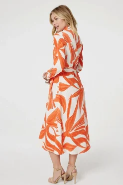 Printed Long Sleeve Midi Shirt Dress