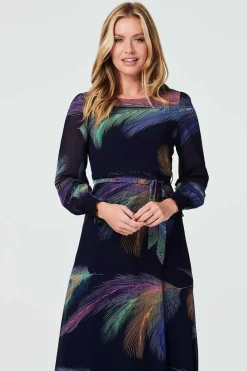 Printed Long Sleeve Midi Dress