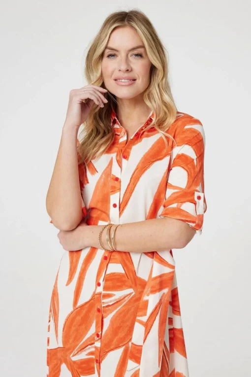 Printed Long Sleeve Midi Shirt Dress