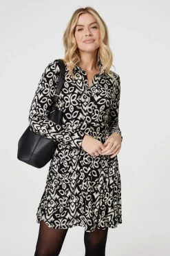 Printed Long Sleeve Short Shirt Dress