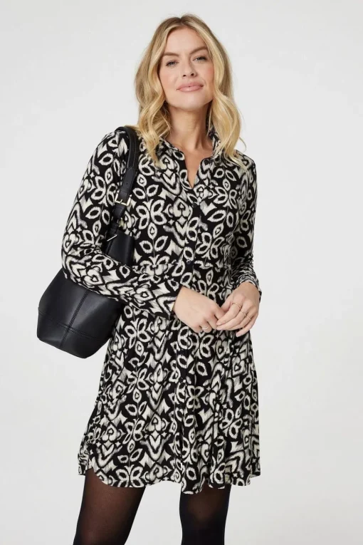 Printed Long Sleeve Short Shirt Dress