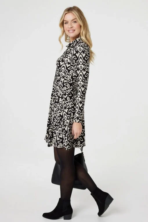 Printed Long Sleeve Short Shirt Dress
