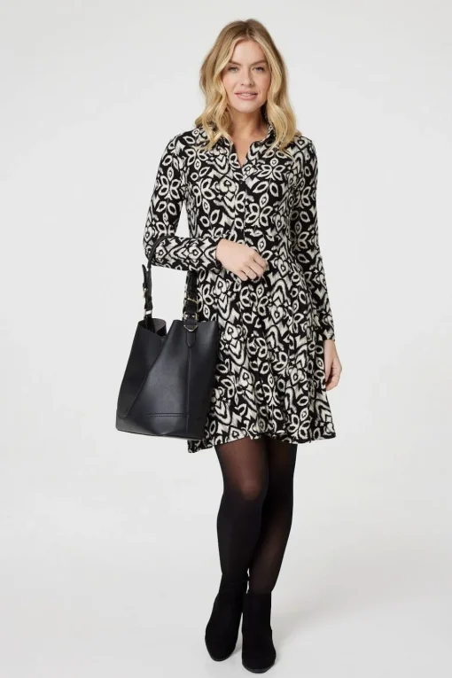 Printed Long Sleeve Short Shirt Dress