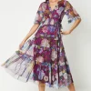 Printed Mesh Ruffle Midi Dress