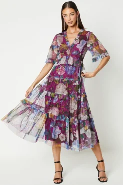 Printed Mesh Ruffle Midi Dress