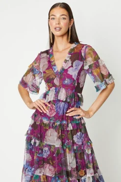 Printed Mesh Ruffle Midi Dress