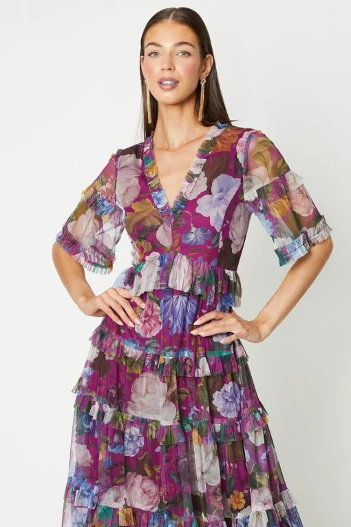 Printed Mesh Ruffle Midi Dress