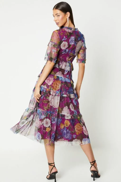 Printed Mesh Ruffle Midi Dress