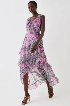 Printed Metallic Ruffle Detail Wrap Dress