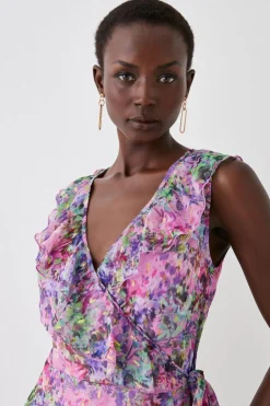 Printed Metallic Ruffle Detail Wrap Dress