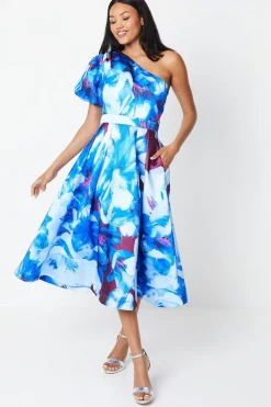 Printed One Shoulder Midi Wedding Guest Dress