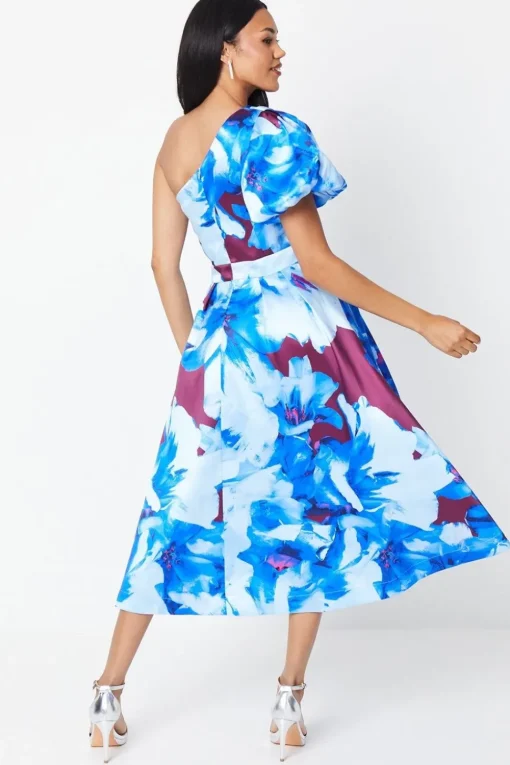 Printed One Shoulder Midi Wedding Guest Dress