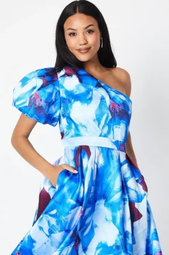 Printed One Shoulder Midi Wedding Guest Dress