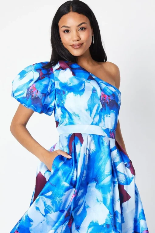 Printed One Shoulder Midi Wedding Guest Dress