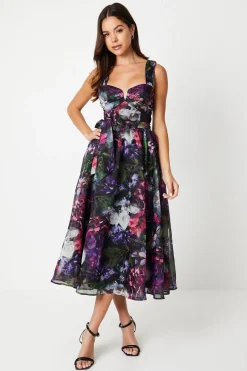 Printed Organza Notch Neck Midi Wedding Guest Dress