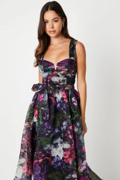 Printed Organza Notch Neck Midi Wedding Guest Dress