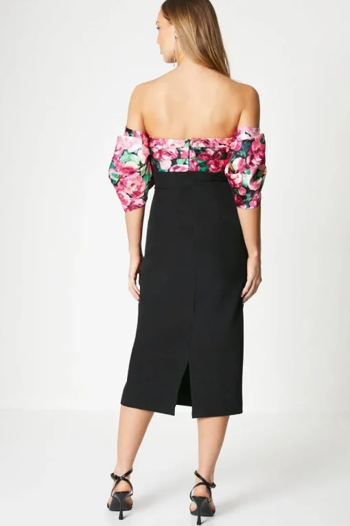 Printed Pleated Bardot Midi Dress