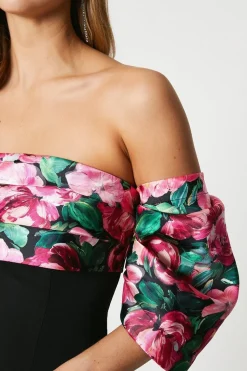 Printed Pleated Bardot Midi Dress