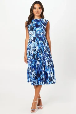 Printed Pleated Satin Midi Wedding Guest Dress