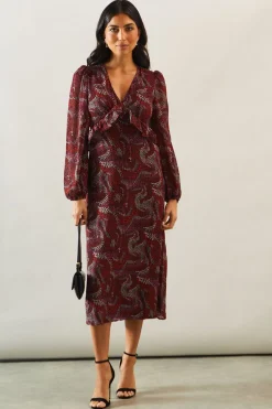 Printed Ruffle Detail V Neck Midi Dress