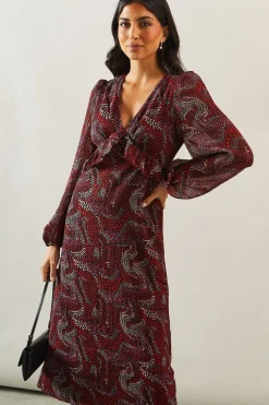 Printed Ruffle Detail V Neck Midi Dress