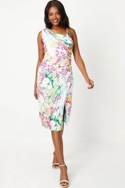 Printed Satin Asymmetric Pleated Dress