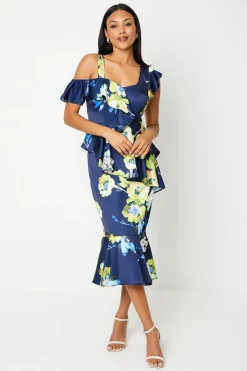 Printed Satin Ruffle Pencil Dress With Flute Hem