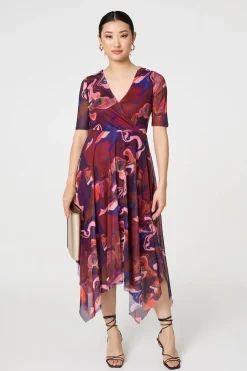 Printed Semi Sheer 1/2 Sleeve Midi Dress