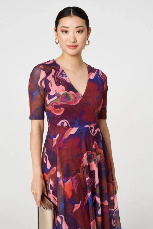Printed Semi Sheer 1/2 Sleeve Midi Dress