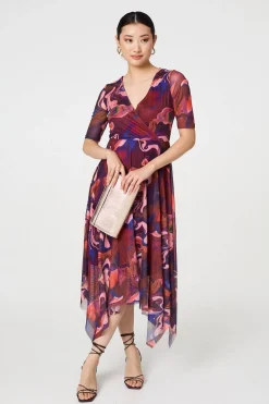 Printed Semi Sheer 1/2 Sleeve Midi Dress