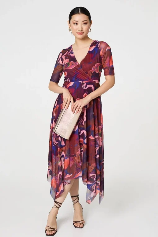 Printed Semi Sheer 1/2 Sleeve Midi Dress