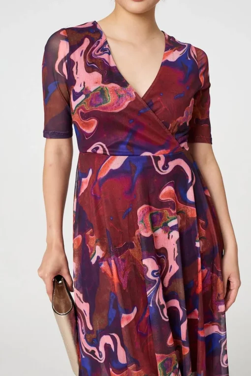 Printed Semi Sheer 1/2 Sleeve Midi Dress