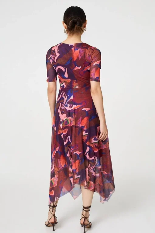 Printed Semi Sheer 1/2 Sleeve Midi Dress