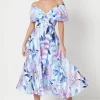 Printed Stripe Organza Bardot Midi Dress