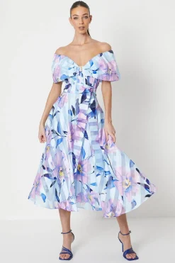 Printed Stripe Organza Bardot Midi Dress