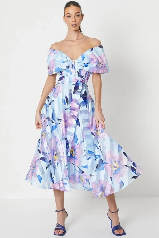 Printed Stripe Organza Bardot Midi Dress