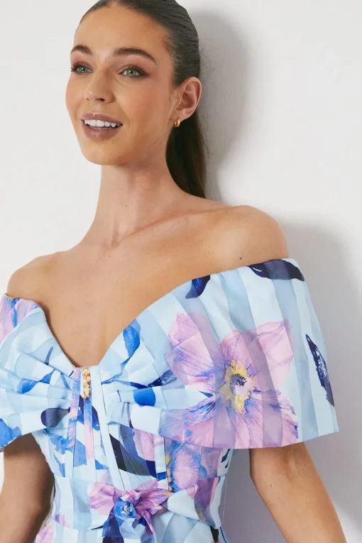 Printed Stripe Organza Bardot Midi Dress