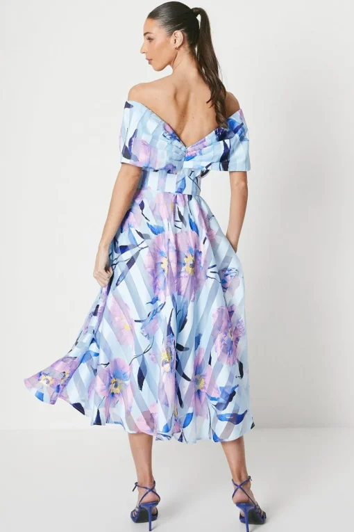Printed Stripe Organza Bardot Midi Dress