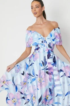 Printed Stripe Organza Bardot Midi Dress