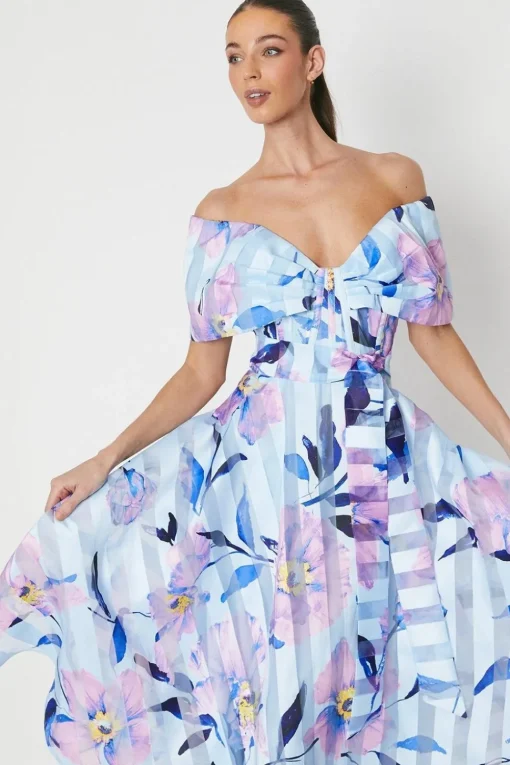 Printed Stripe Organza Bardot Midi Dress
